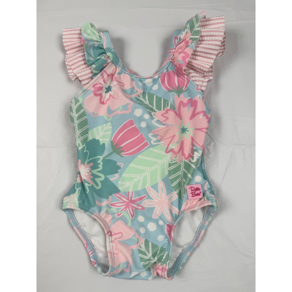 RuffleButts Baby Girls Floral Ruffle One Piece Swimsuit Pink Teal 3-6 Months